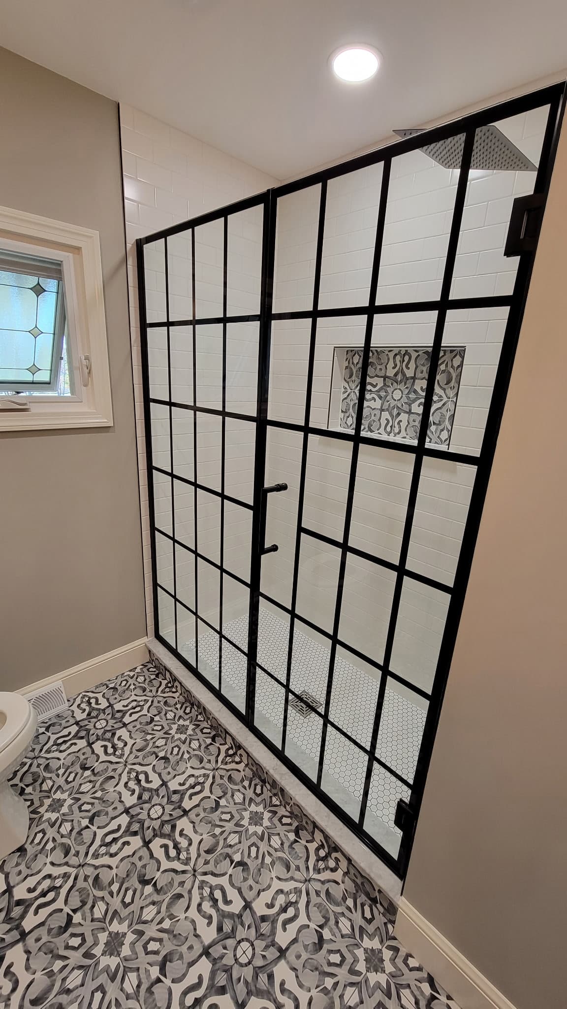Black Grid Walk-In Shower Remodel